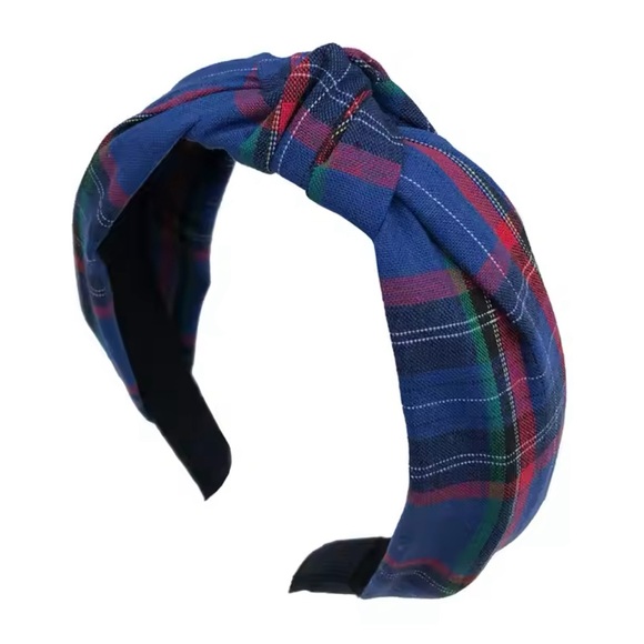 Blue plaid cotton top knot headband preppy headband for all ages - Picture 1 of 1